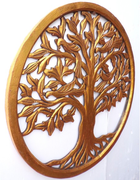 Pannello albero della vita in legno traforato cm 60 oro tondo