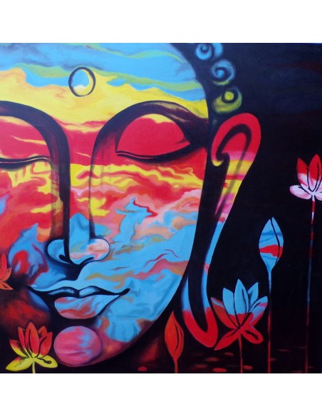 Quadro dipinto volto di Buddha arcobaleno cm 100x100 testata letto viso Budda bianco nero