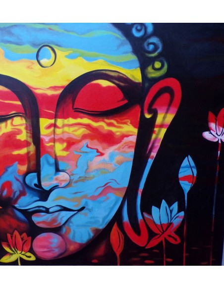 Quadro dipinto volto di Buddha arcobaleno cm 100x100 testata letto viso Budda bianco nero
