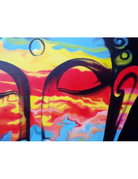 Quadro dipinto volto di Buddha arcobaleno cm 100x100 testata letto viso Budda bianco nero