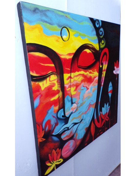 Quadro dipinto volto di Buddha arcobaleno cm 100x100 testata letto viso Budda bianco nero
