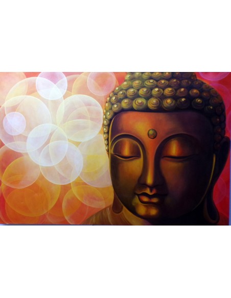 Quadro dipinto volto di Buddha arancio sole cm 150x100 testata letto viso Budda bianco nero