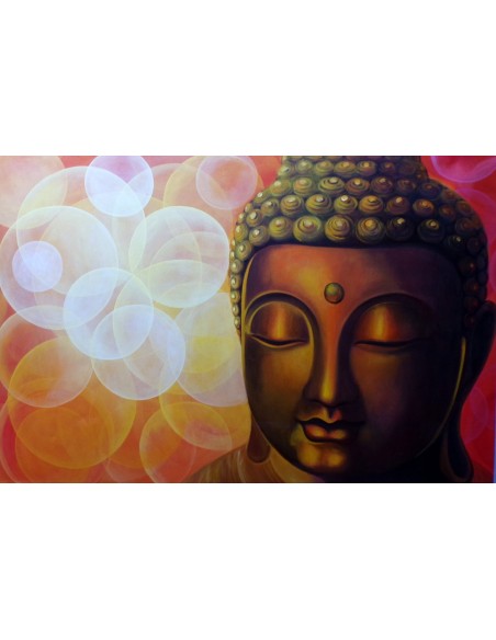 Quadro dipinto volto di Buddha arancio sole cm 150x100 testata letto viso Budda bianco nero