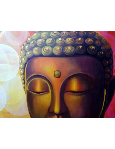 Quadro dipinto volto di Buddha arancio sole cm 150x100 testata letto viso Budda bianco nero