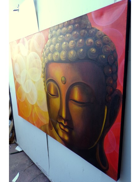 Quadro dipinto volto di Buddha arancio sole cm 150x100 testata letto viso Budda bianco nero