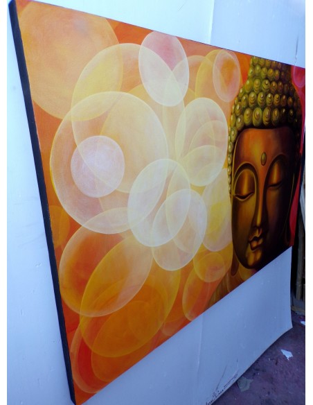Quadro dipinto volto di Buddha arancio sole cm 150x100 testata letto viso Budda bianco nero