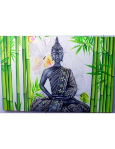 Quadro dipinto volto di Buddha Thai in foresta di bambù...