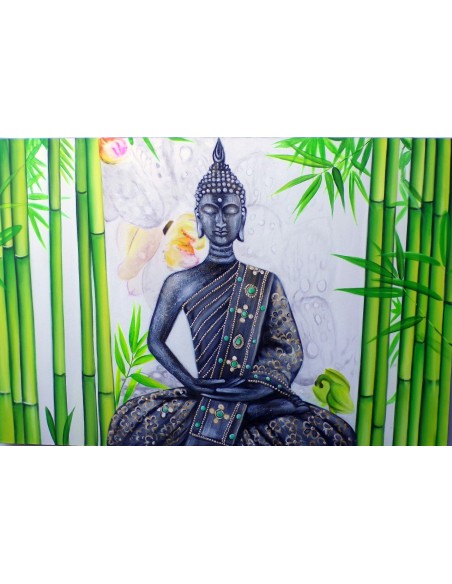 Quadro dipinto volto di Buddha Thai in foresta di bambù cm 150x100 testata letto viso Budda