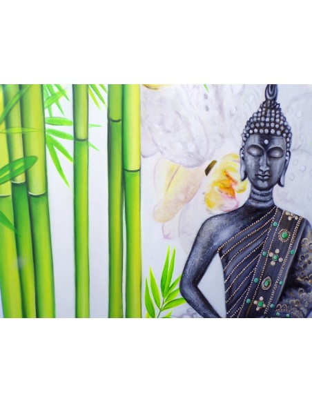 Quadro dipinto volto di Buddha Thai in foresta di bambù cm 150x100 testata letto viso Budda