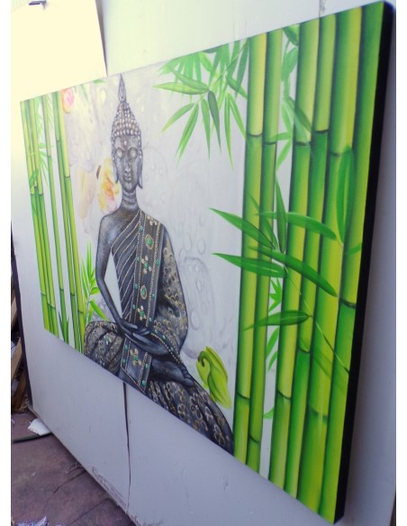 Quadro dipinto volto di Buddha Thai in foresta di bambù cm 150x100 testata letto viso Budda