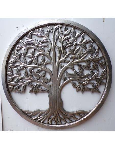 Pannello albero della vita in legno traforato cm 80 argento anticato tondo