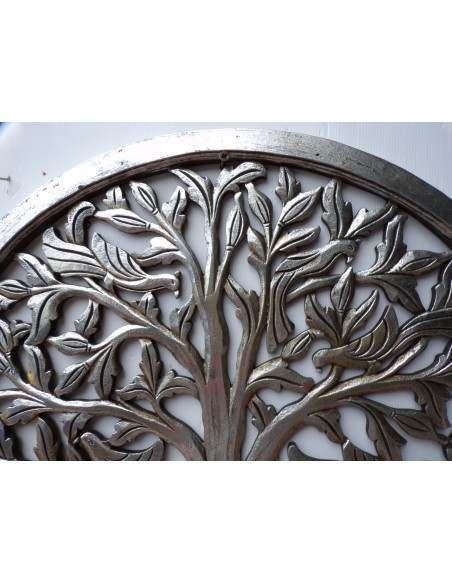 Pannello albero della vita in legno traforato cm 80 argento anticato tondo