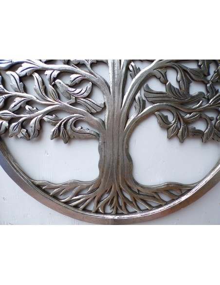 Pannello albero della vita in legno traforato cm 80 argento anticato tondo