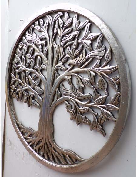 Pannello albero della vita in legno traforato cm 80 argento anticato tondo