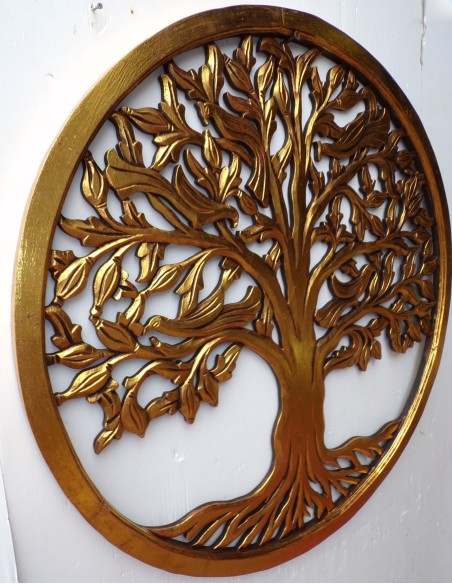 Pannello albero della vita in legno traforato cm 80 oro anticato tondo