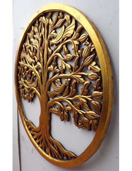 Pannello albero della vita in legno traforato cm 80 oro anticato tondo