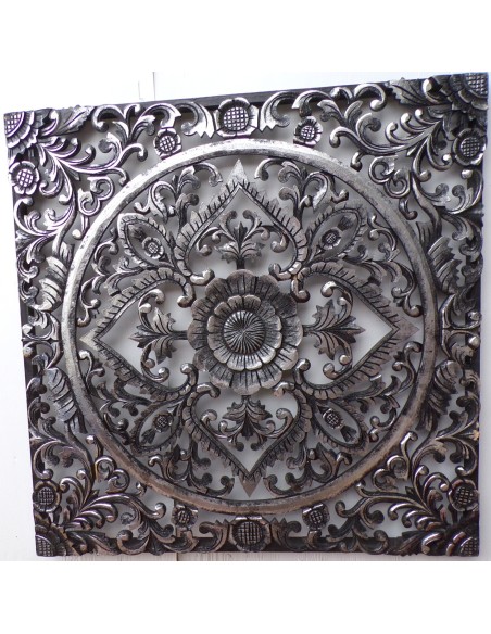 Pannello floreale in legno mdf traforato a mano cm 80x80 argento anticato quadro dipinto gold