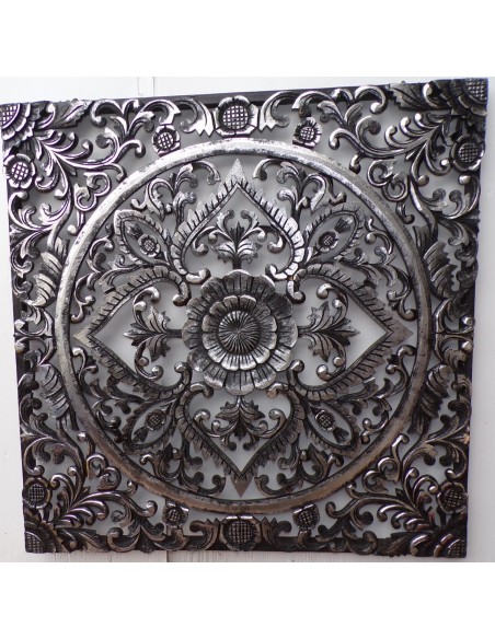 Pannello floreale in legno mdf traforato a mano cm 80x80 argento anticato quadro dipinto gold