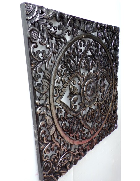 Pannello floreale in legno mdf traforato a mano cm 80x80 argento anticato quadro dipinto gold