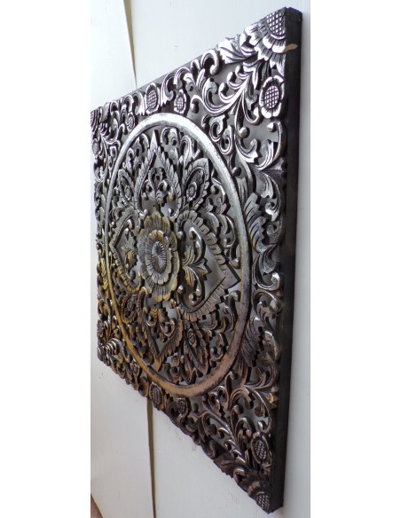 Pannello floreale in legno mdf traforato a mano cm 80x80 argento anticato quadro dipinto gold