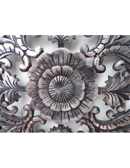 Pannello floreale in legno mdf traforato a mano cm 80x80 argento anticato quadro dipinto gold