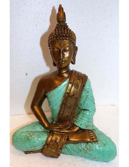Buddha Thai in resina colorata veste turchese dipinta a mano cm 21x9x28h anticata