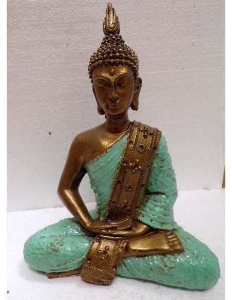Buddha Thai in resina colorata veste turchese dipinta a mano cm 21x9x28h anticata