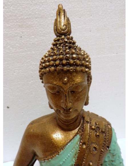 Buddha Thai in resina colorata veste turchese dipinta a mano cm 21x9x28h anticata