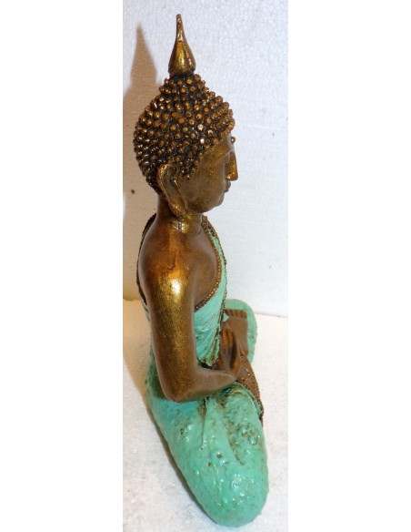 Buddha Thai in resina colorata veste turchese dipinta a mano cm 21x9x28h anticata