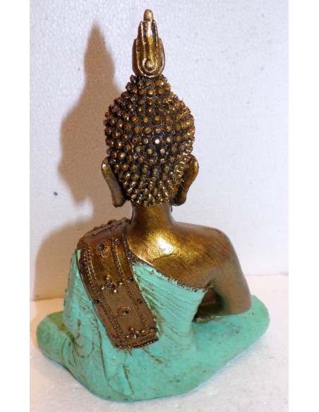 Buddha Thai in resina colorata veste turchese dipinta a mano cm 21x9x28h anticata