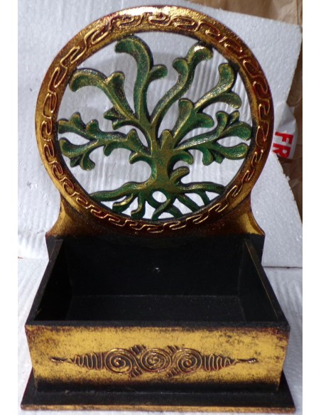 Scatola Portachiavi o svuota tasche anche muro in legno mdf con albero della vita verde oro cm 20x14x20