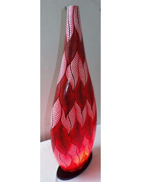 Lampada da tavolo in resina a bottiglia fiamme rosse bianche tecnica maori cm 34x12x80h
