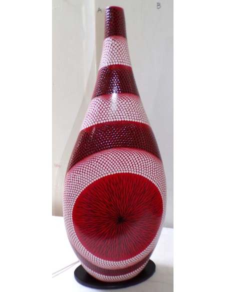 Lampada da tavolo in resina a bottiglia fiore rosso nero bianche tecnica maori cm 34x12x80h