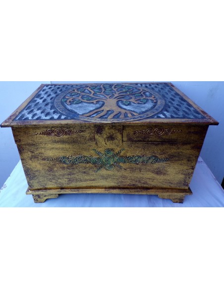 Baule cassapanca in legno mdf con albero della vita oro argento cm 60x40x35