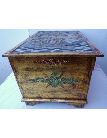 Baule cassapanca in legno mdf con albero della vita oro argento cm 60x40x35