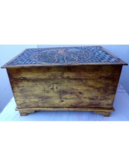 Baule cassapanca in legno mdf con albero della vita oro argento cm 60x40x35