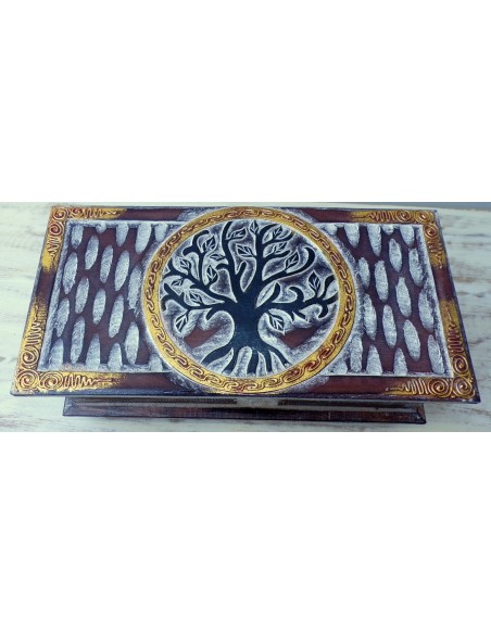 bauletto baule in legno di albesia con albero della vita naturale e nero cm 40x20x16