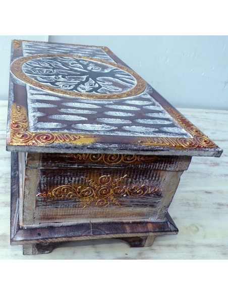 bauletto baule in legno di albesia con albero della vita naturale e nero cm 40x20x16