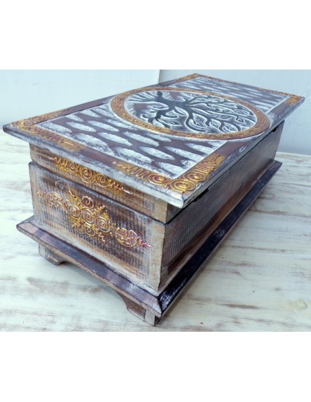 bauletto baule in legno di albesia con albero della vita naturale e nero cm 40x20x16