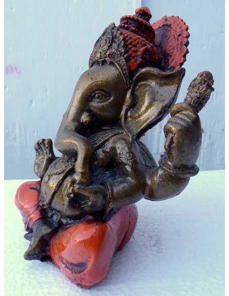Ganesh oro e arancio cm 11x7x12h resina Indonesiano Ganega Shiva divinità Buddha