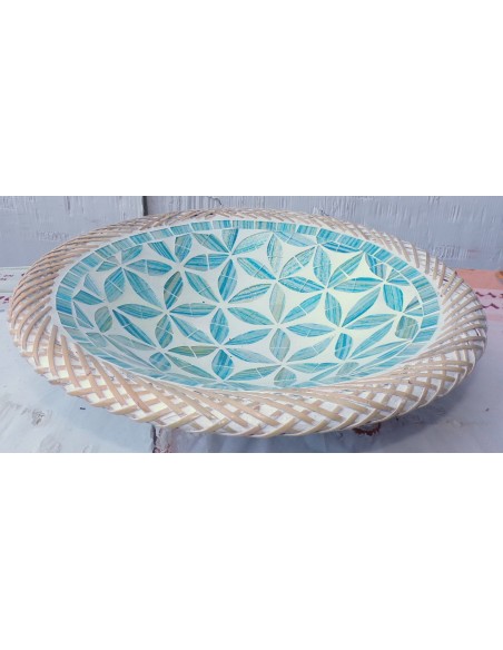 Centrotavola o svuotatasca artigianale in mosaico di vetro fiori turchesi cm 30x8 diametro idea regalo