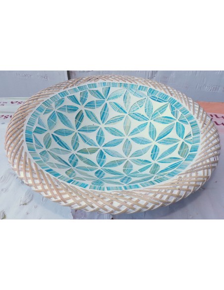 Centrotavola o svuotatasca artigianale in mosaico di vetro fiori turchesi cm 30x8 diametro idea regalo