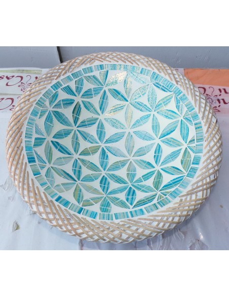 Centrotavola o svuotatasca artigianale in mosaico di vetro fiori turchesi cm 30x8 diametro idea regalo