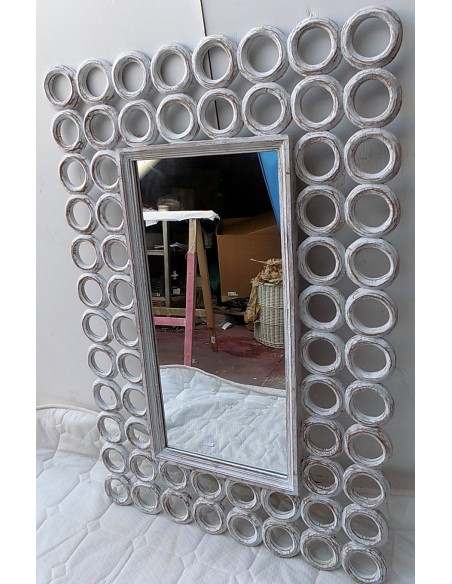 Specchio in legno intarsiato con cerchi cm 120x80 bianco decapato