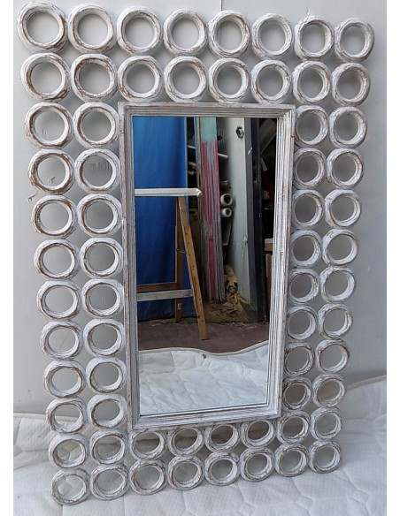 Specchio in legno intarsiato con cerchi cm 120x80 bianco decapato