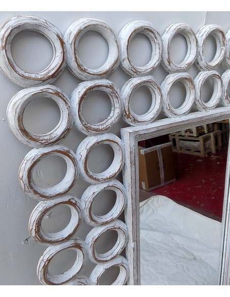 Specchio in legno intarsiato con cerchi cm 120x80 bianco decapato