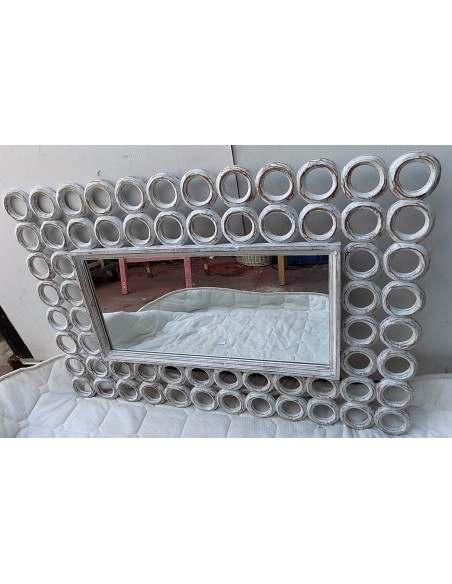 Specchio in legno intarsiato con cerchi cm 120x80 bianco decapato