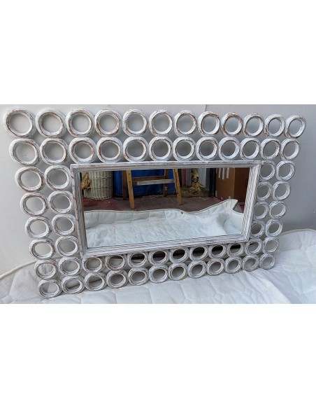 Specchio in legno intarsiato con cerchi cm 120x80 bianco decapato