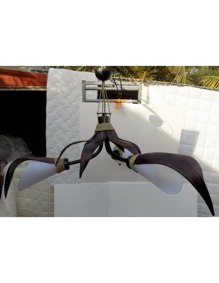 Lampadario in Cocco nero e carta di riso bianca a tre luci cm 110x50 bambù luce