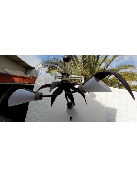 Lampadario in Cocco nero e carta di riso bianca a tre luci cm 110x50 bambù luce